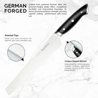 WICKWILLOW 10" Bread Knife – Razor Sharp German Steel – Serrated Knife for Homemade Bread & Sourdough – Full Tang & Ergonomic Handle – Gift Box – Velina Series