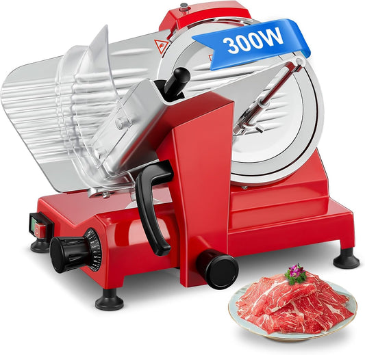 Electric Meat Slicer Commercial 300W, 10" Adjustable Deli Food Slicer for Home Kitchen, Stainless Steel Blade 0-12mm Thick for Cold Cut Ham Cheese, ETL Listed, Red