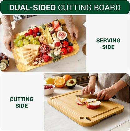 Bamboo Cutting Boards for Kitchen with Holder & Silicone Mat, Lightweight & Knife-Friendly Wood Cutting Board Set with Side Handles and Juice Grooves, Natural