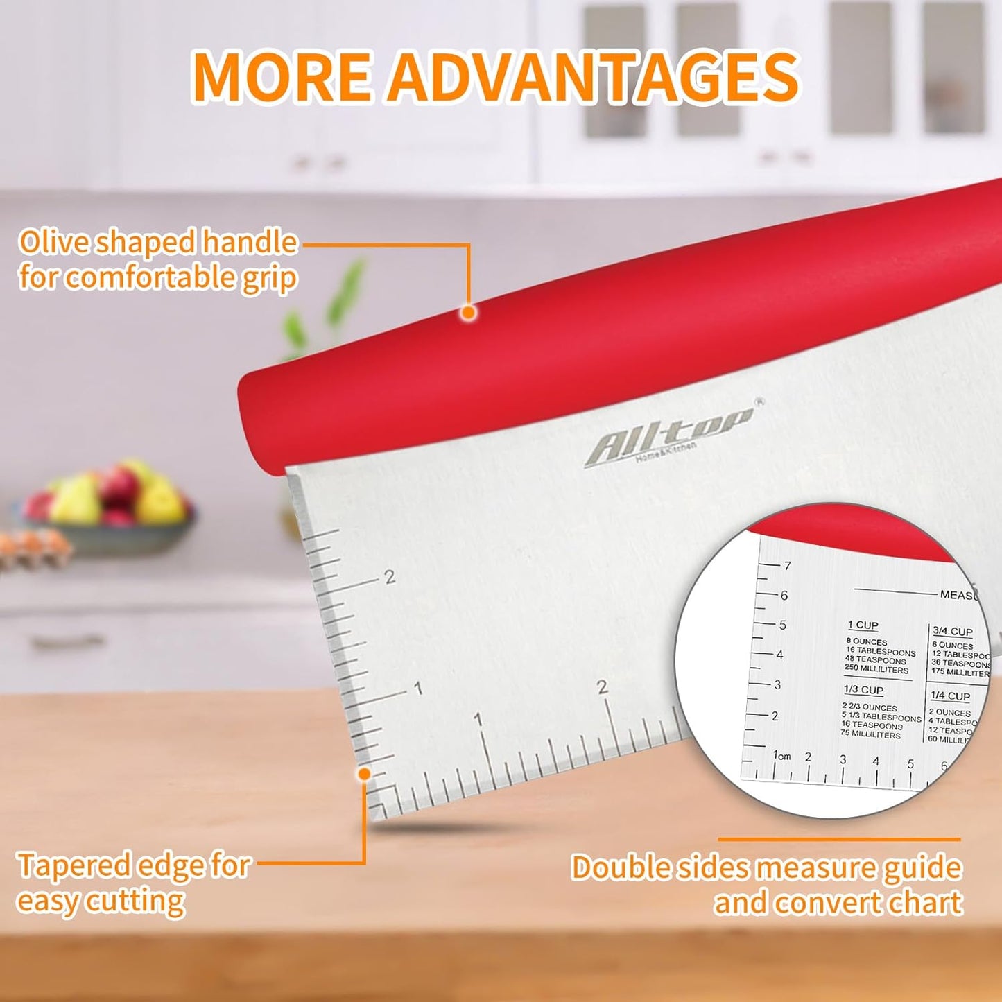 ALLTOP Bench Scraper & Chopper - Baking Essentials,Stainless Steel Blade Knife,Ideal Kitchen Tool for Home Baking and Meal Prep, Bread Making, Pasta,Pastry,Dough and Cake - Set of 2 Pack