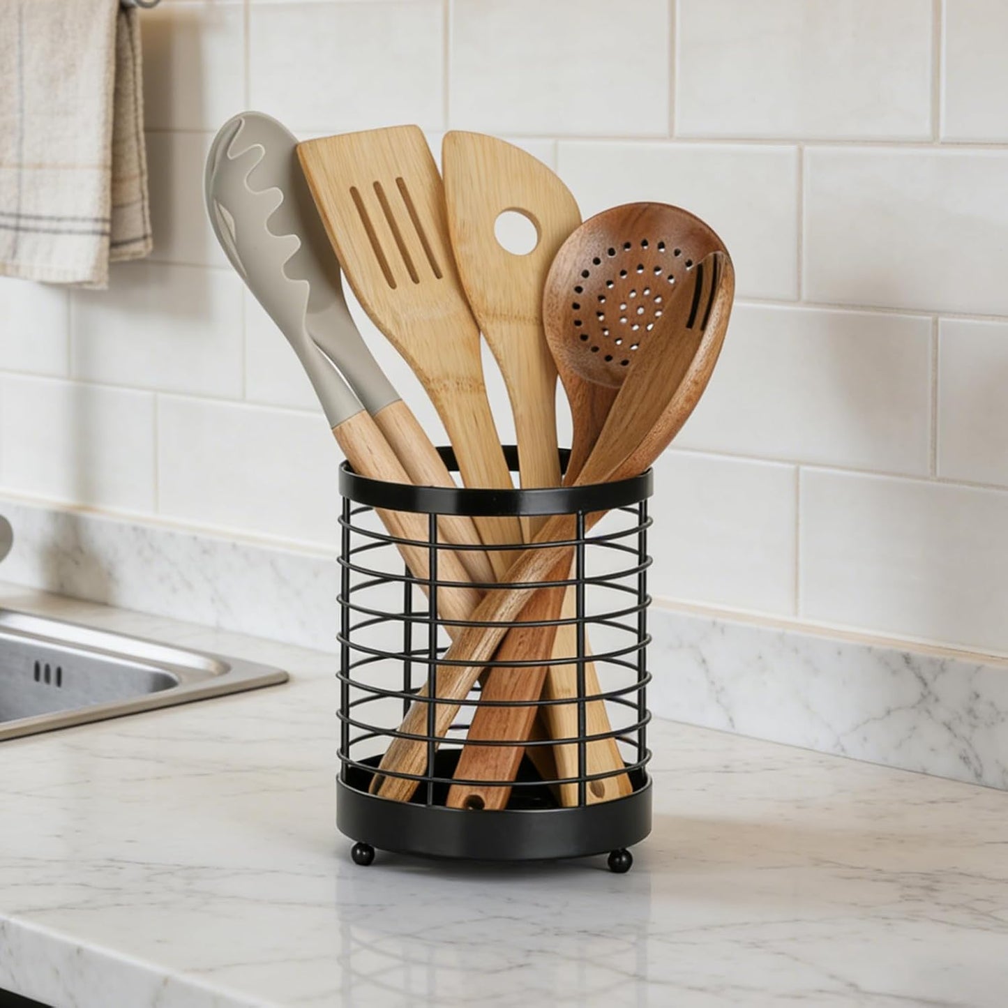 Utensil Holder for Kitchen Counter, Stainless Steel Utensil Crock for Cooking Tools, Spatula, Silverware Forks, Knives, Spoons Countertop Organizer