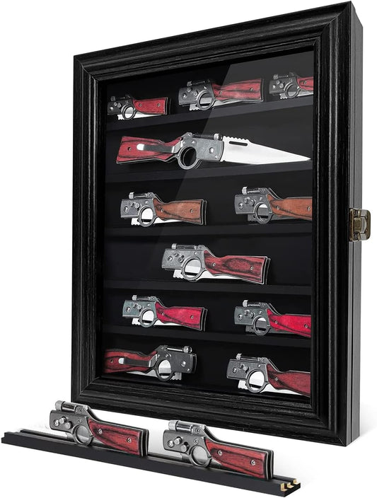 ASmileIndeep Pocket Knife Display Case, 6 Rows Knives Box Cabinet with HD Tempered Glass Military Folding Knife Stand with Removable 2 Grooves Shelves for Wall Mounted and Desk Display, Black