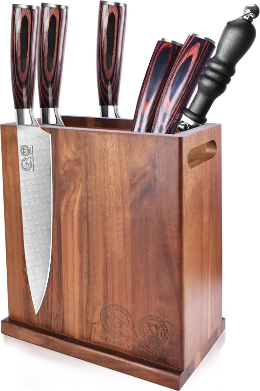 XYJ Extra Large Magnetic Knife Block Acacia Wood Knife Set Holder Stand With Stronge Magnetic Strip Kitchen Knives Storage Rack Organizer Tools No Drilling