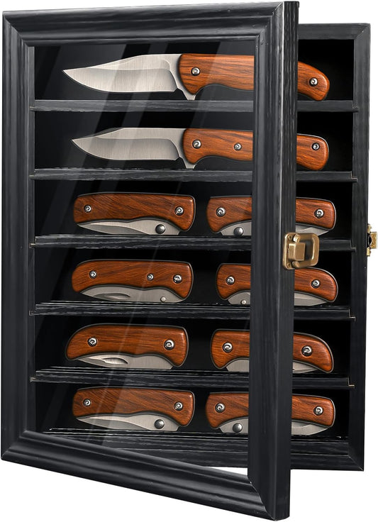 Knife Display Case for Wall, Pocket Knife Display Box with HD Tempered Glass, 6 Rows Military Folding Knives Shadow Box with Removable Shelves - 10.9"W x 13.8"H x 2.1"D, Walnut