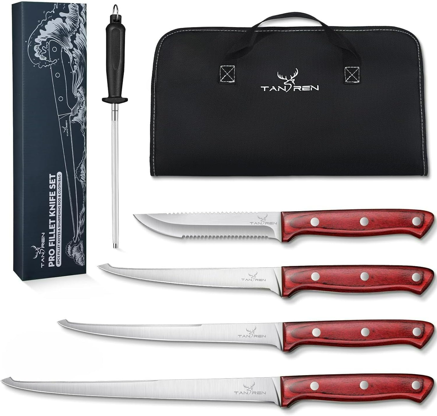 TAN REN Fillet Knife for Fish, 6inch Flexible Fishing Knife with Sheath, High Carbon Steel Salmon Fillet Knives, Sharp Fish Knives for Filleting and Cleaning