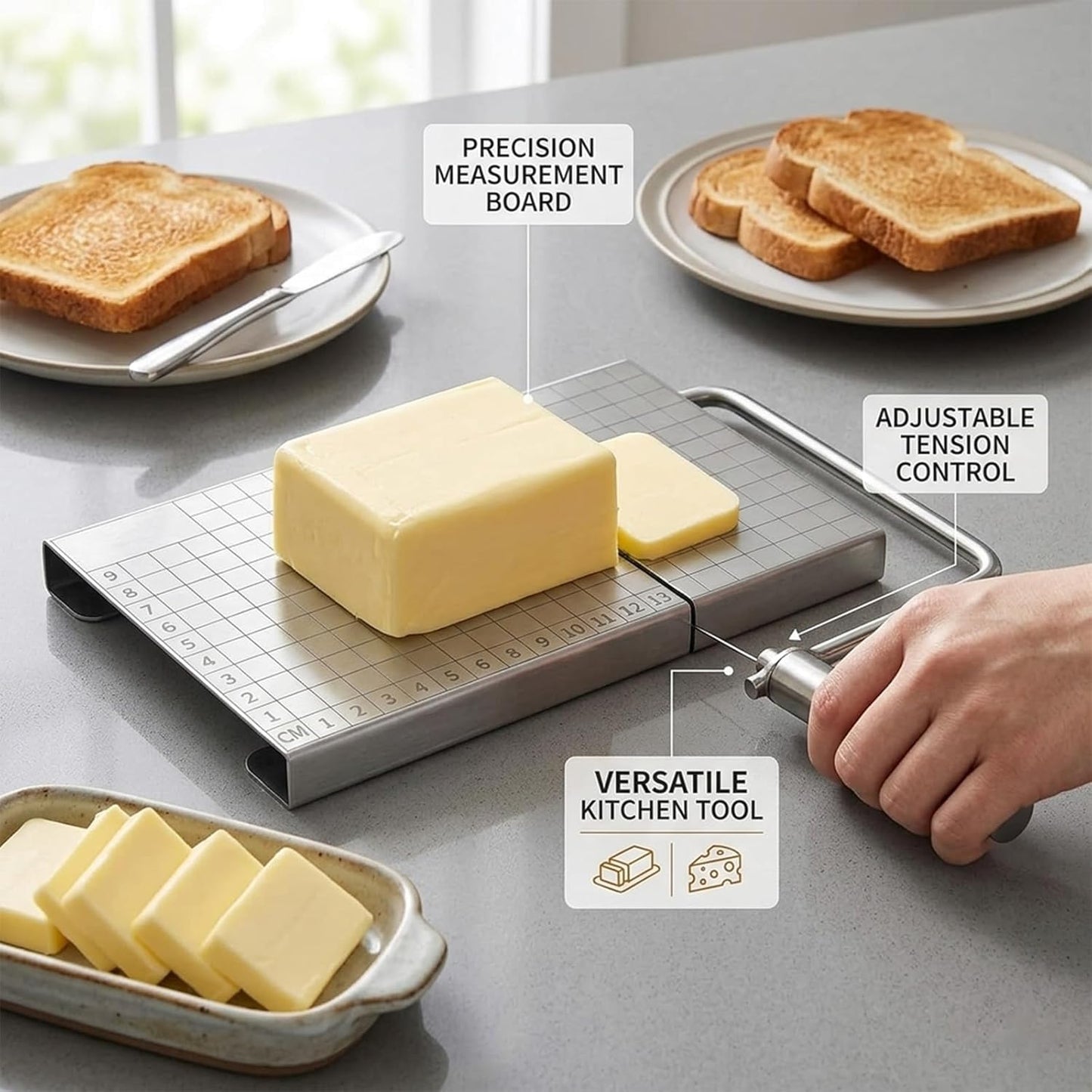 Wire Cheese Slicer with Measuring Board, Adjustable Tension Control, Stainless Steel Wire Cutter for Butter and Cheese, Heavy-Duty Design