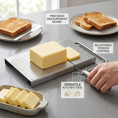 Wire Cheese Slicer with Measuring Board, Adjustable Tension Control, Stainless Steel Wire Cutter for Butter and Cheese, Heavy-Duty Design