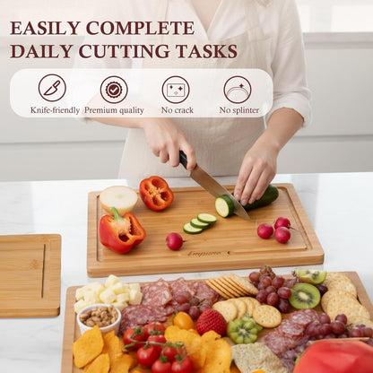 Empune Bamboo Cutting Boards for Kitchen, 3 Piece Extra Thick Cutting Board Set with Juice Groove, Deep Carbonized Bamboo Chopping Board, Reversible Wood Cutting Board for charcuterie boards, Brown