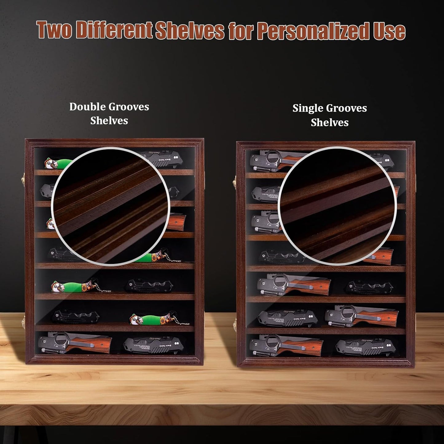 WodGod 7 Layers Knife Display Case, Cherry Wood, Locking Cabinet with 6 Removable Double Shelves and 6 Single Shelves, Wall Mounted or Desk Display