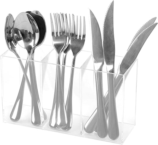 Cutlery Storage Organizer, Silverware Caddy with 3 Cavities Clear Silverware Holder Knife Fork and Spoon Organizer Tableware Storage Box for Kitchen Countertop Dining Room Home Office Desk Party Table