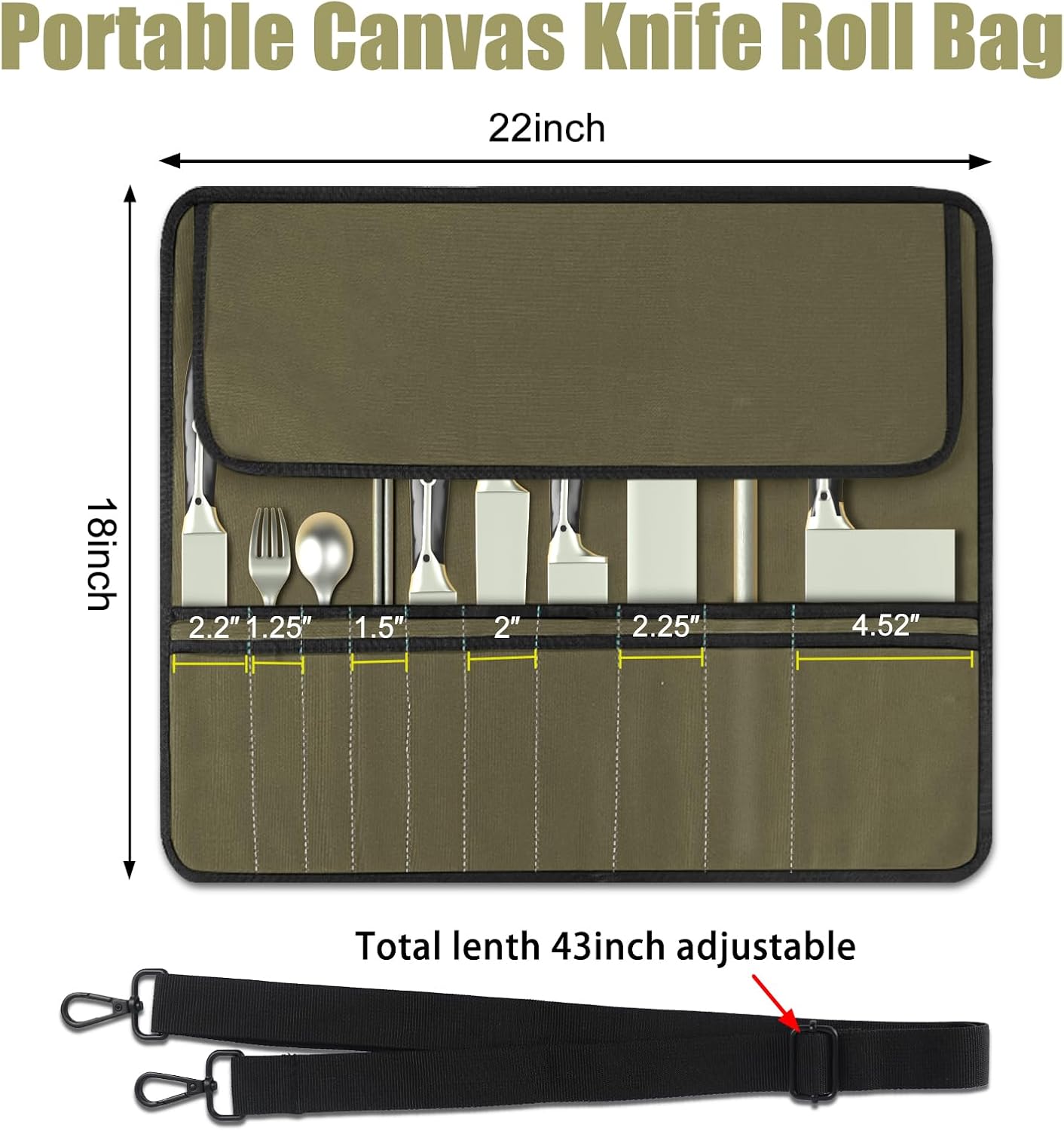 Chef Knife Bag With 24 Slots Cutlery Knives Holders Protectors, Kitchen Travel Cooking Tools, Portable Canvas Knife Roll Storage Bag Chef Case for Camping or Working with an Adjustable Shoulder Strap