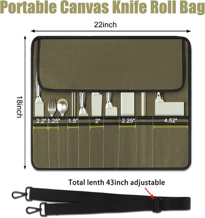 Chef Knife Bag With 24 Slots Cutlery Knives Holders Protectors, Kitchen Travel Cooking Tools, Portable Canvas Knife Roll Storage Bag Chef Case for Camping or Working with an Adjustable Shoulder Strap