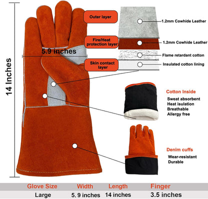 Welding Gloves 14 Inches, Heat Resistant 932℉ Leather Welding Gloves for MIG, TIG, Stick, Long Sleeve Grill Gloves for Welding, Fireplace, BBQ, Oven, Furnace, Wood Stove, Animal Handling
