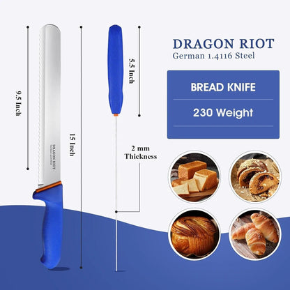DRAGON RIOT Carving Knife 10 Inch, Brisket Slicing Knife, Ultra Sharp Straight Edge Meat Knife, German 1.4116 Stainless Steel, Professional Slicer for Beef, Turkey & BBQ, Non-Slip Blue Handle