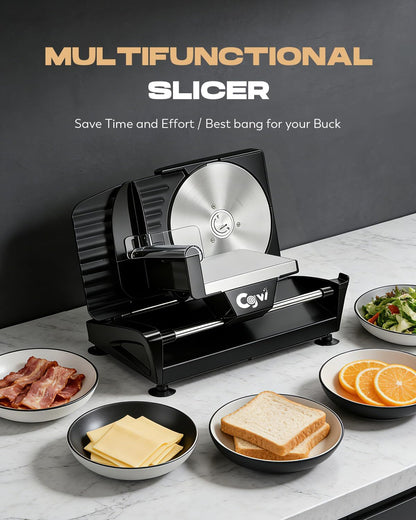 CGOLDENWALL 220W Meat Slicer, 9" Electric Deil Food Slicer with 2 Stainless Steel Blades, 4/5" Adjustable Thickness, Food Slicer Machine for Home Cutting Meat Cheese Bread Vegetables, 110V CE