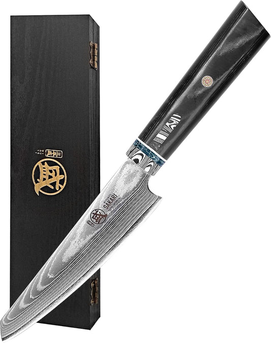 MITSUMOTO SAKARI 7 Inch Gyuto Chef Knife HAP40 Damascus - Hand Forged Japanese Steel, Professional Chef's Knife