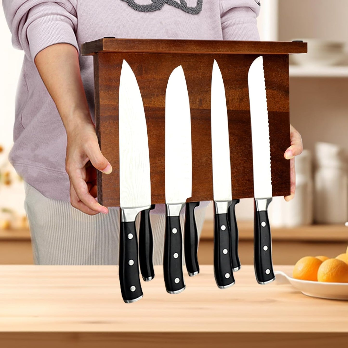 Magnetic Knife Block Double Sided Magnetic Knife Holder Rack with Strong Enhanced Magnets Acacia Wood Magnetic Knife Storage Stand