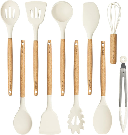 CAROTE 13Pcs Kitchen Utensils Set with 360 Rotating Knife Block, Heat Resistant Cooking Utensils with Wooden Handle, Nonstick Ceramic Surface, Cream White