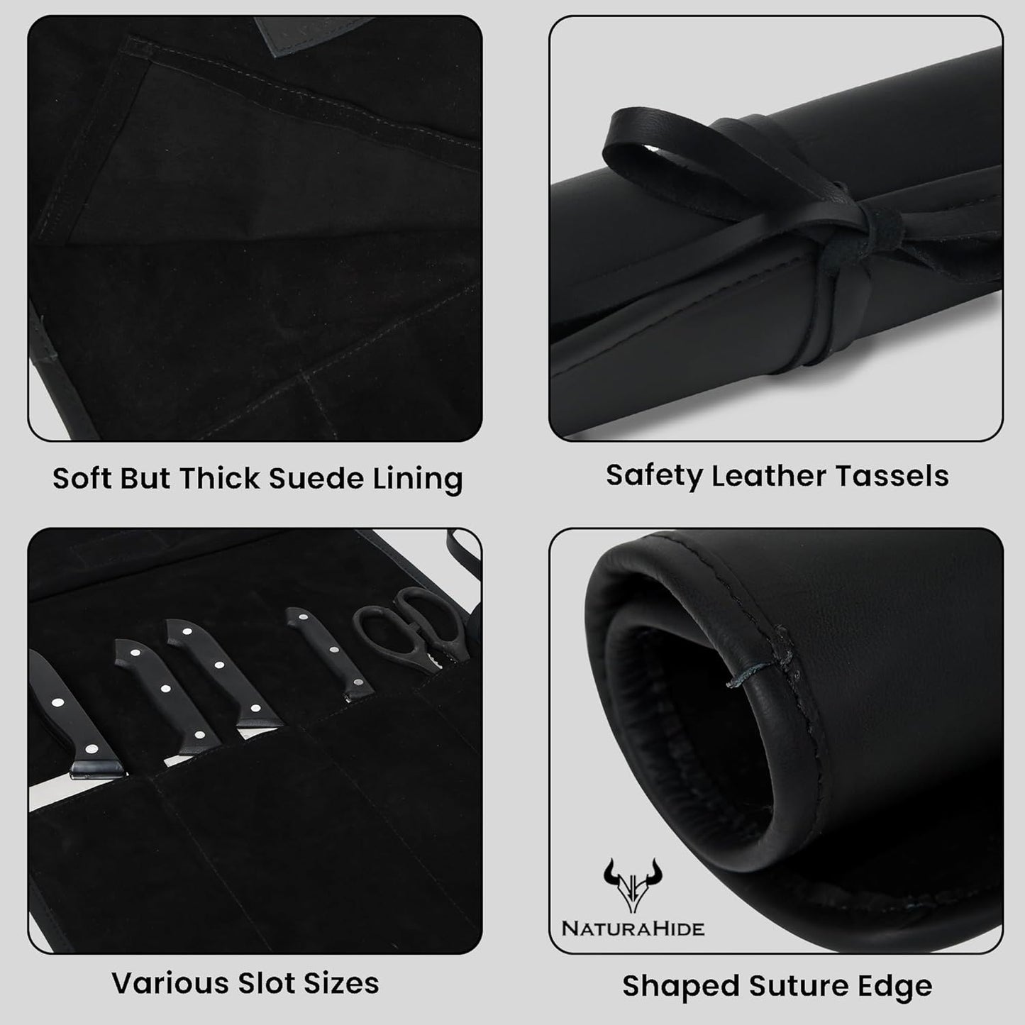 Leather Knife Roll Bag for Professional Chefs 4 Slot Full Grain and Suede Leather Knife Case Handmade Culinary Tool Roll Organizer for Travel, Kitchen and Outdoor Cooking (Black)