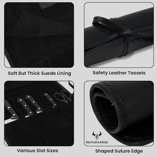 Leather Knife Roll Bag for Professional Chefs 4 Slot Full Grain and Suede Leather Knife Case Handmade Culinary Tool Roll Organizer for Travel, Kitchen and Outdoor Cooking (Black)