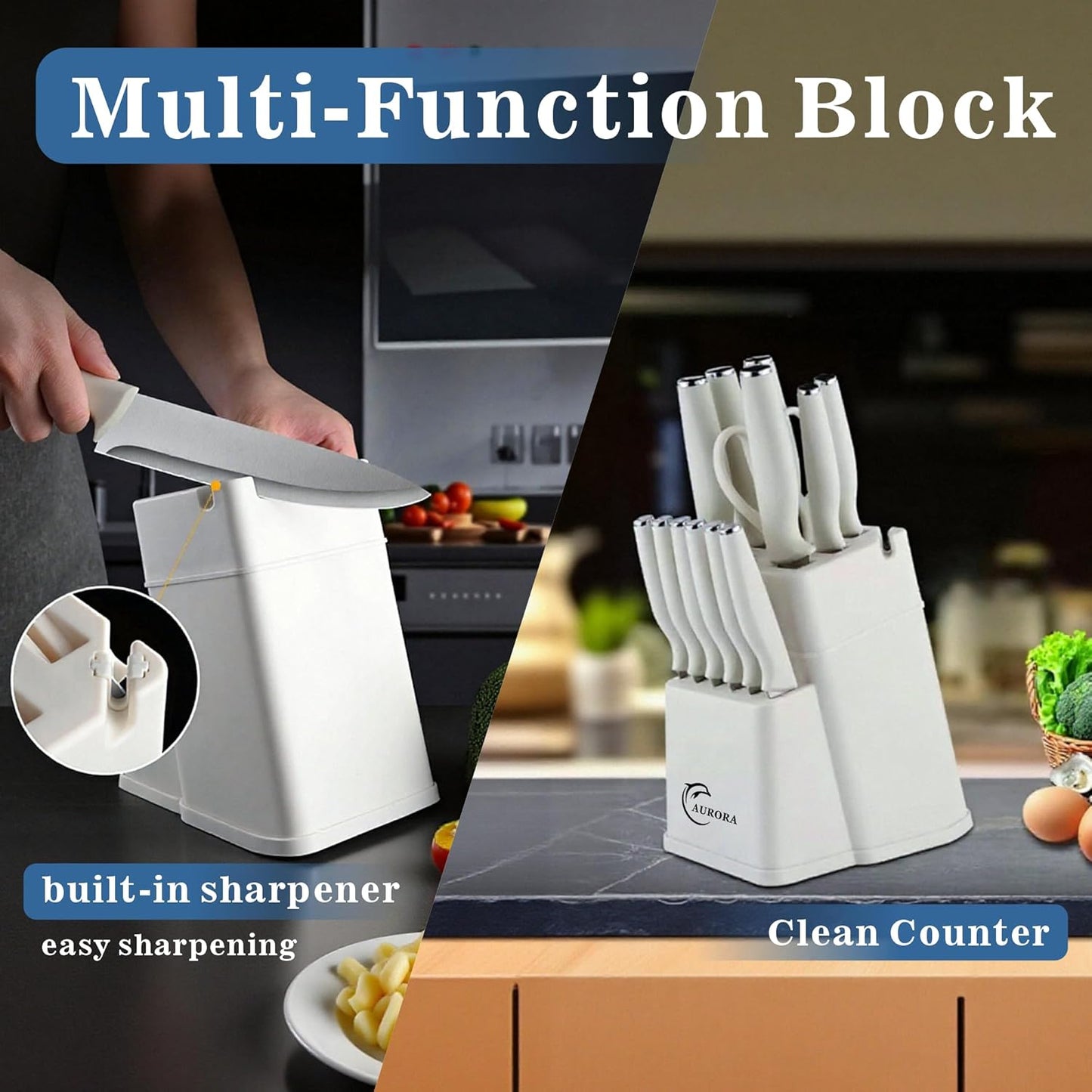 Knife Set, 15 Piece Knife Block Set with Built-in Sharpener, Dishwasher Safe, Rust Resistant, Ergonomic Handle, Stainless Steel White