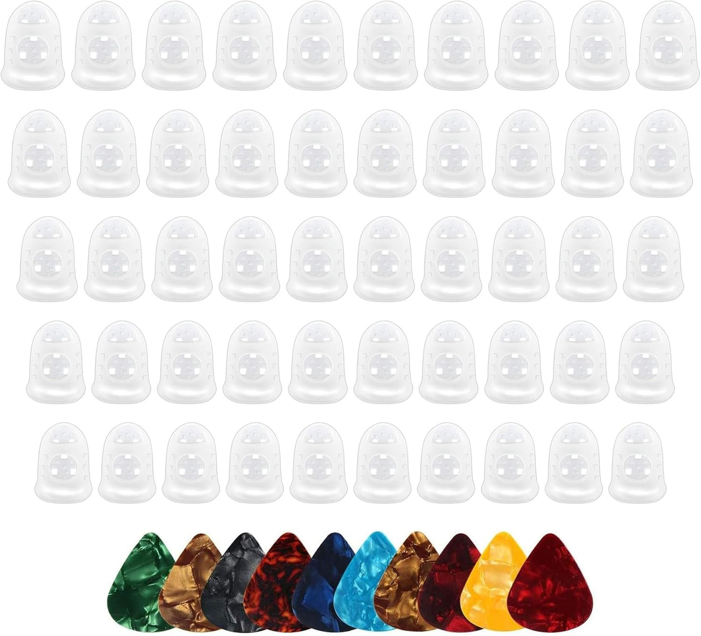 50pcs Guitar Silicone Finger Protector,Fingertip Protection Covers Caps in 5 Sizes for Beginner Playing Ukulele Electric Guitar and 10 Guitar Picks