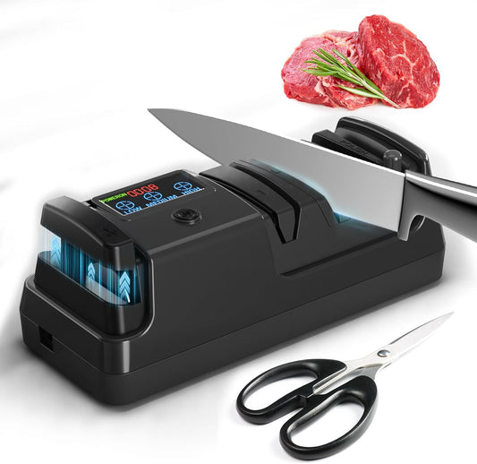 Electric Knife Sharpener for Kitchen - Professional 3-Stage Sharpening for Straight-Edge & Serrated Knives and Scissors, with 100% Diamond Abrasive (Grey)