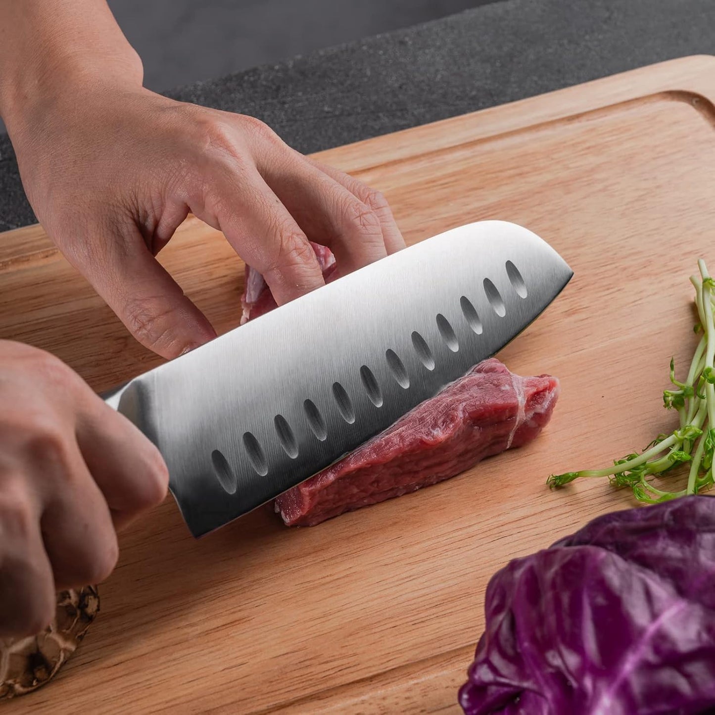 4-Piece Labeled Bamboo Cutting Board Set with Stainless Steel Santoku Knife, Kitchen Prep Bundle for Meat, Vegetables & Fruits