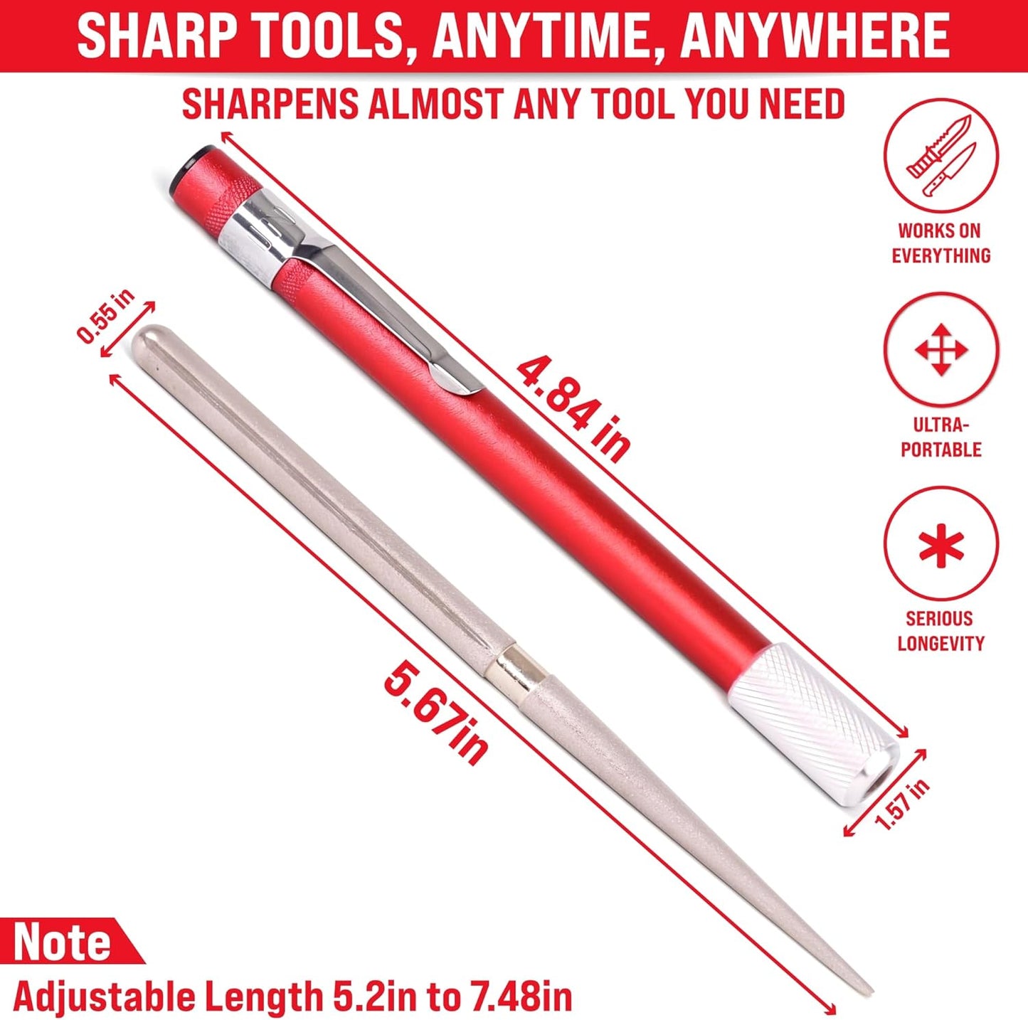 Serrated Knife Sharpener Rod - Retractable Diamond Sharpening Rod - Ultra Portable Diamond Knife Sharpener Rod - Mini Pocket Sharpener for Outdoor Hunting Fishing (FE-RDSR)