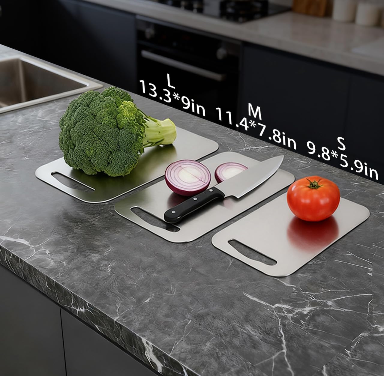 URMONA 3 PCS 304 Stainless Steel Cutting Board For Kitchen, Non-Staining&Odor-Free, Burr-Free Edges, Dishwasher Safe, Non Toxic Cutting Board（S+M+L）