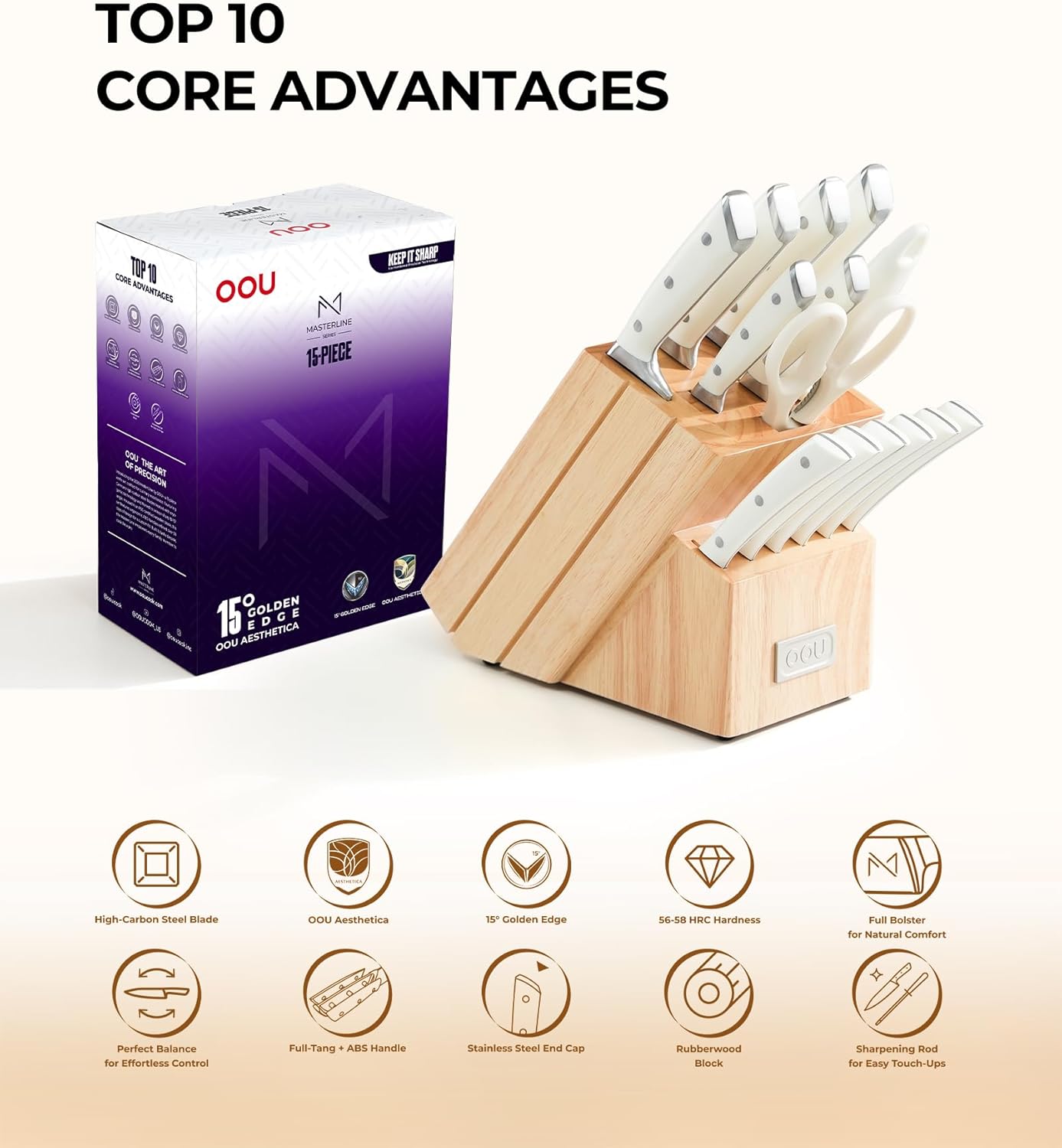 OOU 2025 Kitchen Knife Set with Block, 15-Piece German Stainless Steel Knife Blcok Set with Sharpening Rod, Ergonomic Wood Handle,Premium Razor-Sharp Knives Set for Kitchen