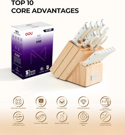 OOU 2025 Kitchen Knife Set with Block, 15-Piece German Stainless Steel Knife Blcok Set with Sharpening Rod, Ergonomic Wood Handle,Premium Razor-Sharp Knives Set for Kitchen