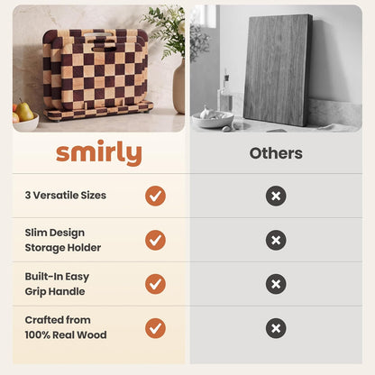 SMIRLY Wooden Cutting Boards for Kitchen, Double-Sided Cutting Board with Handle, Heavy Duty Solid Acacia Wood Cutting Board Set with Stand, 3 Pcs Cutting Boards Non Toxic for Meat Vegetable Fruit