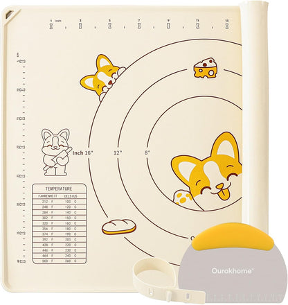 Ourokhome Silicone Baking Mat Sheet and Pastry Dough Cutter, 0.5 Inch Thick 20'' X 16" BPA free Silicone Rolling Mat, Non-Stick and Anti-Slip, Dishwasher Safe (Beige)
