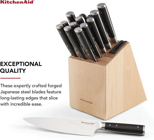 KitchenAid Gourmet Forged Triple Rivet Knife Block Set with Built-in Knife Sharpener, High Carbon Japanese Stainless Steel Kitchen Knives, Sharp Kitchen Knife Set with Block, Birchwood, 14-Piece