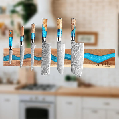 Magnetic Knife Holder, 15.7 Inch Walnut Wood and Resin Magnetic Knife Bar for Wall, Heavy Duty Magnet Holds 8 Knives, Handcrafted Ocean Blue (Ocean's Embrace)