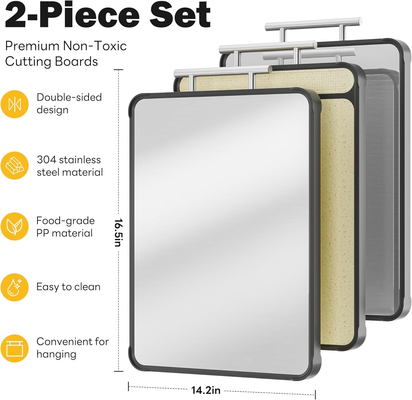 2 Pack Stainless Steel Cutting Board Set, Large Cutting Boards for Kitchen, Double Sided Meat Chopping Board with Handle, Non Toxic Wheat Straw PP/Dishwasher Safe/Food-Grade (16×11 In)