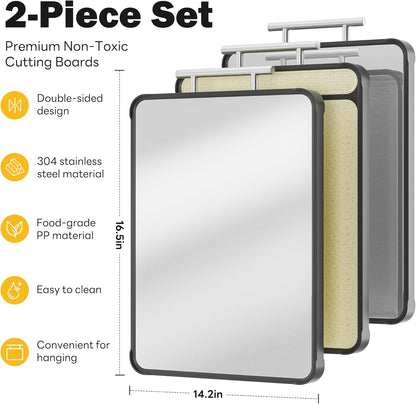 2 Pack Stainless Steel Cutting Board Set, Large Cutting Boards for Kitchen, Double Sided Meat Chopping Board with Handle, Non Toxic Wheat Straw PP/Dishwasher Safe/Food-Grade (16×11 In)