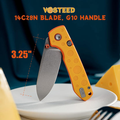Vosteed CheesePirates® EDC Pocket Knife - Raccoon, 3.25" 14C28N Stonewash Blade - Top Liner Lock, Cheese Orb G10 Handle - A2932