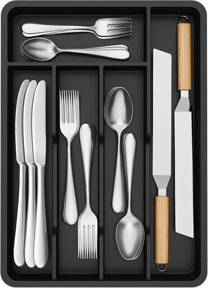 Lifewit Silverware Drawer Organizer Tray, Plastic Cutlery Storage for Kitchen, Flatware and Utensil Holder Divider for Spoons Forks Knives Tableware, 9.1 x 12.6", 5 Slots, Black