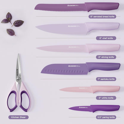 Astercook Knife Set, 13 Pieces Kitchen Knives Set with Healthy Anti-Rust Coating, Dishwasher Safe, Stainless Steel Chef Knife Sets with 6 Blade Guards, Perfect Holiday Gifts for Kitchen Morandi