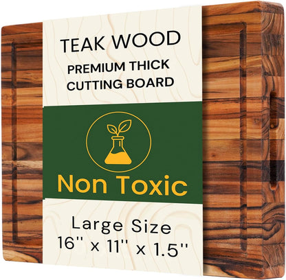 Teak Wood Cutting Board 18" x 14" x 0.6", 2-Piece Set for Kitchen Meat & Food Prep - Large Thin Edge Grain, Deep Juice Groove, Lightweight Solid Hardwood, Non-Toxic, BPA Free by New M Way