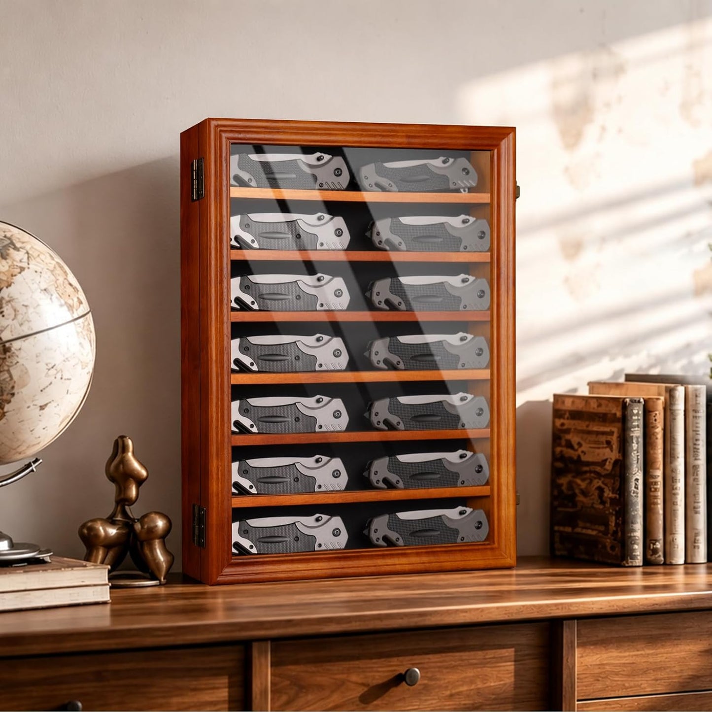7 Row Knife Display Case for Wall Wooden Folding Knife Storage Stand with HD Tempered Glass & Removable Shelves Military Knife Organizer for Collections - Black