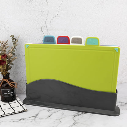 4-Piece Colorful Plastic Cutting Board Set with Storage Stand | Color-Coded | Non-Slip | Dishwasher Safe | Durable Large Food Chopping Boards