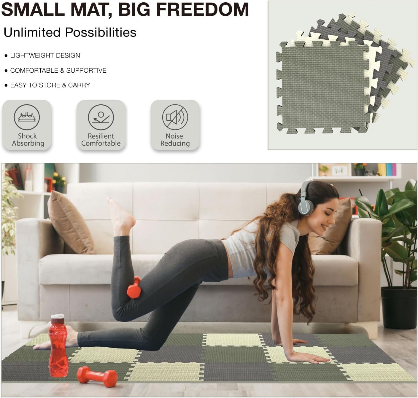 AIRHOP 18 Tiles Gym Floor Mat, EVA Foam Puzzle Gym Mat, High-Density Interlocking Foam Floor Tiles for Home Gym, Play Workout Garage Kitchen Flooring