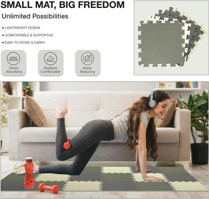 AIRHOP 18 Tiles Gym Floor Mat, EVA Foam Puzzle Gym Mat, High-Density Interlocking Foam Floor Tiles for Home Gym, Play Workout Garage Kitchen Flooring