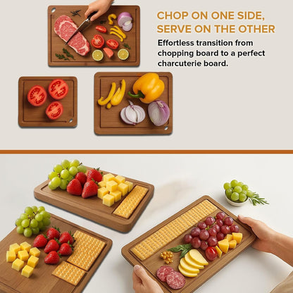 Bamboo Chopping Board, Durable Chopping Board Bamboo with Deep Juice Grooves & Built-in Handles - Carbonized Wooden Chopping Boards Ideal Charcuterie Double-Sided Serving Tray for Kitchen