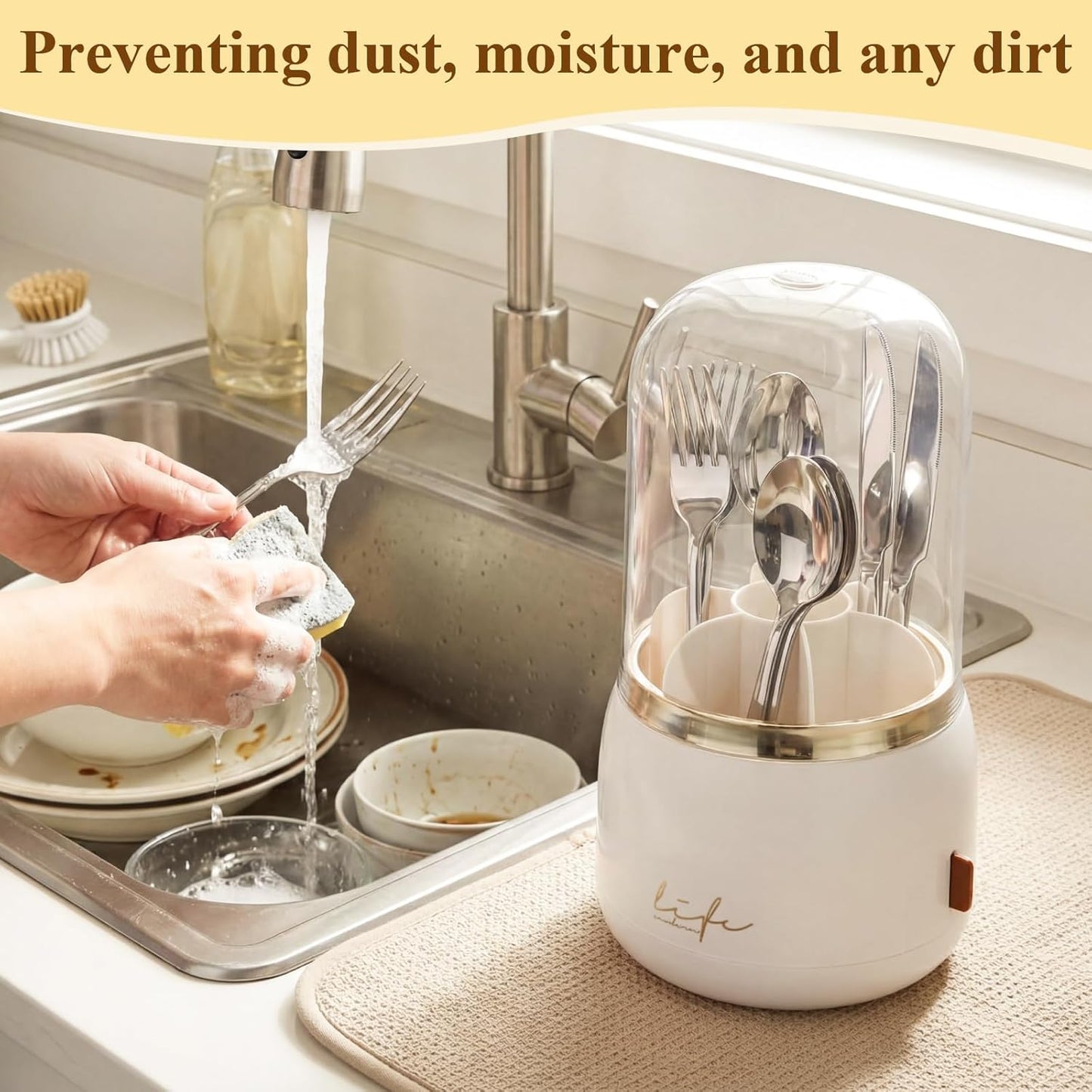 2 Pack 360° Rotating Silverware Organizer, Utensil Holder with Lid for Kitchen Counter Silverware Caddy with Drainage Dustproof Flatware Holder for Cutlery Spoon Fork(Diamond White,3 Slot)