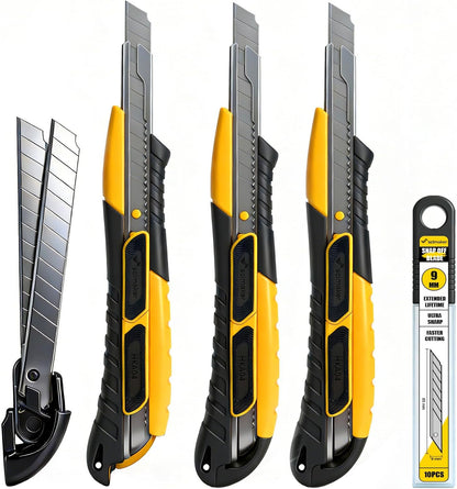 Dual-Mode Box Cutter Retractable for Warehouse,Locking Professional Work Knife, Auto-Retract Box Knife,18mm Heavy Duty Utility Knife with Metal Rail,Spare Blade Storage.1 Knife+10 Blades