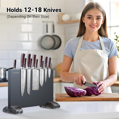 Magnetic Knife Holder, Stainless Steel Magnetic Knife Block without Knives, Strong Double Sided Magnet Knife Storage Strip with Wood Base for Kitchen Counter-Silver